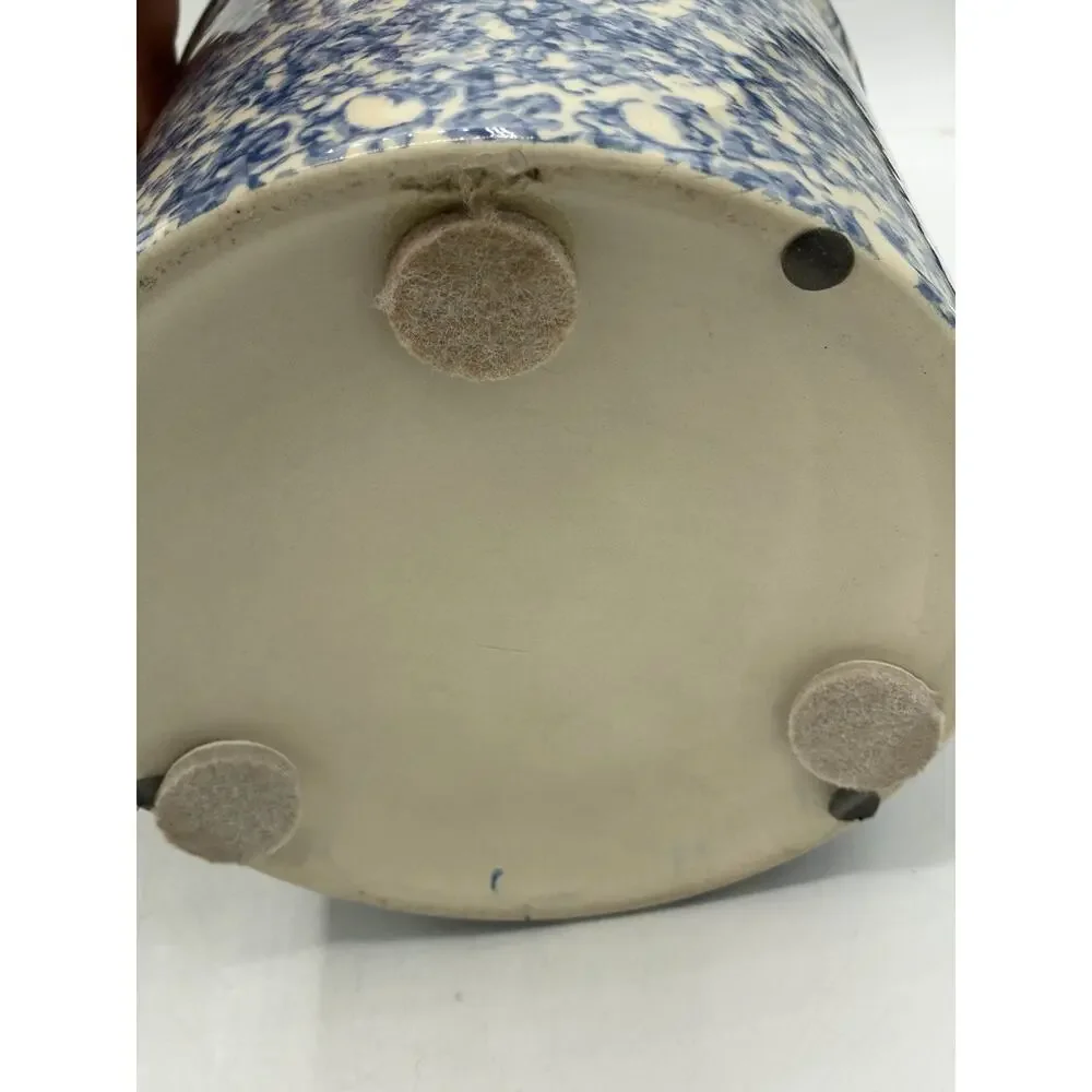 Vintage Blue White Spongeware Crock – Primitive Stoneware Utensil Holder 6 Inch